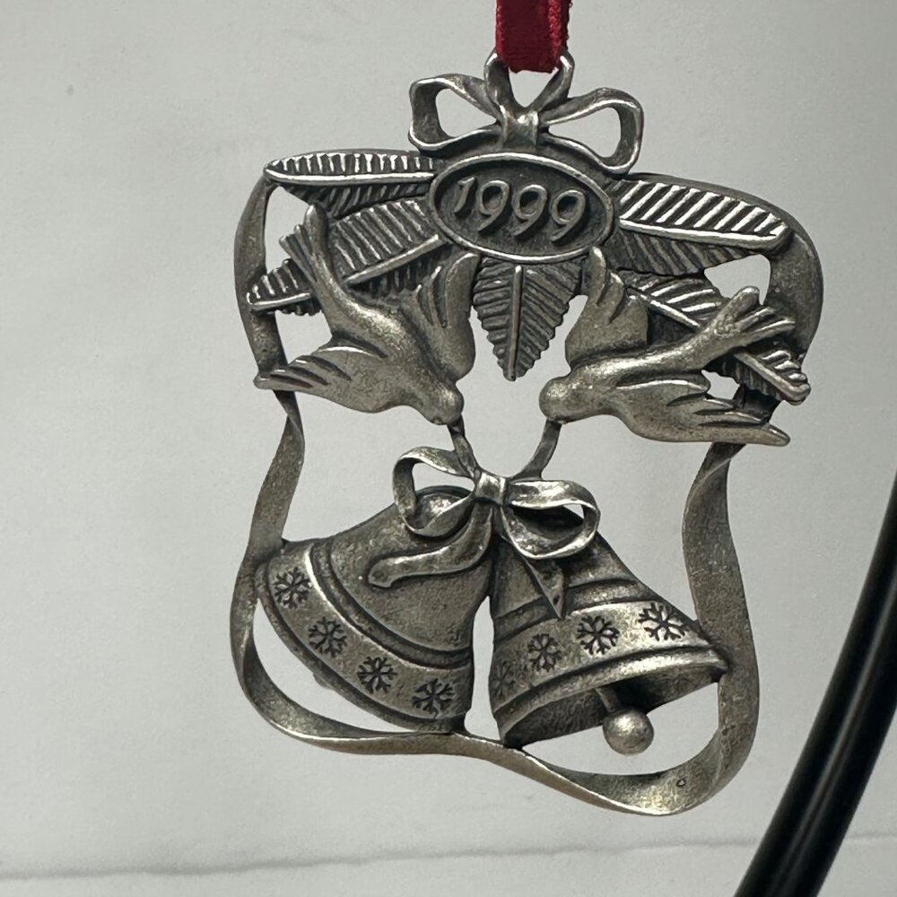 Pewter Christmas Tree Ornament 1999 Vintage AVON SEASON OF PEACE Doves Bells
